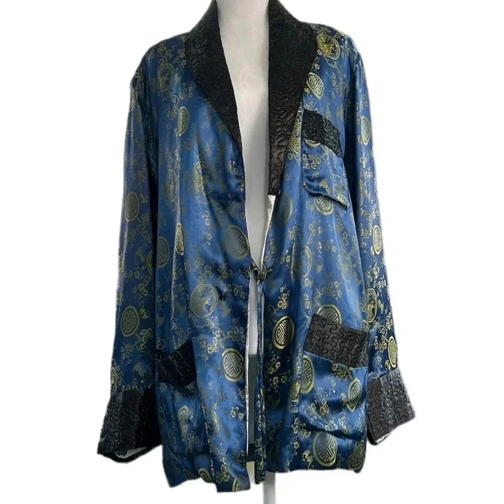 Vintage Solz Squirrel Navy Blue Satin Robe - Picture 2 of 8